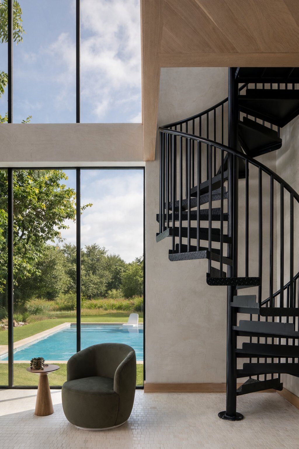 Modern living room with spiral staircase and pool view