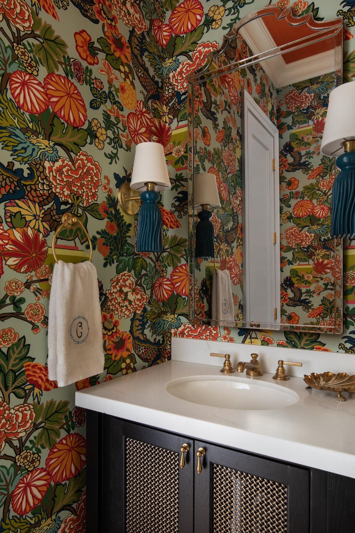 Powder bath with bold chinoiserie wallpaper