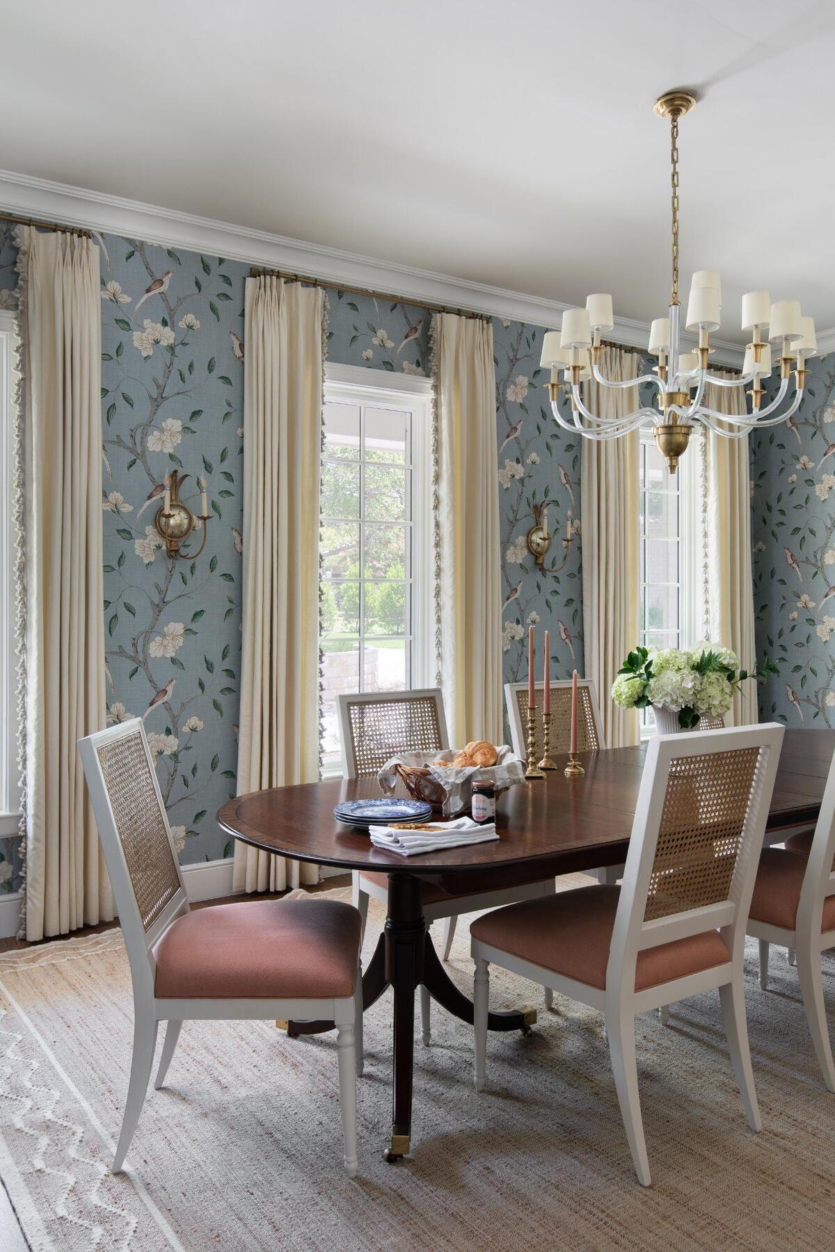 Dining room with floral wallpaper